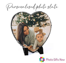 Load image into Gallery viewer, Personalised Heart Photo Printed Rock Slate || Desk Display Plaque Gift with Stand || Gift || Secret Santa Gift