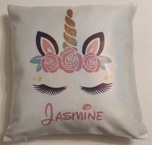 Load image into Gallery viewer, Personalised Glitter Effect Cushion || Holographic || Unicorn, Llama, Penguin Or Minnie Bow Design