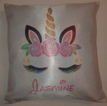 Load image into Gallery viewer, Personalised Glitter Effect Cushion || Holographic || Unicorn, Llama, Penguin Or Minnie Bow Design
