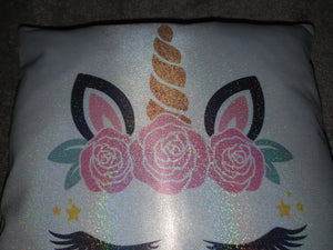 Personalised Glitter Effect Cushion || Holographic || Unicorn, Llama, Penguin Or Minnie Bow Design