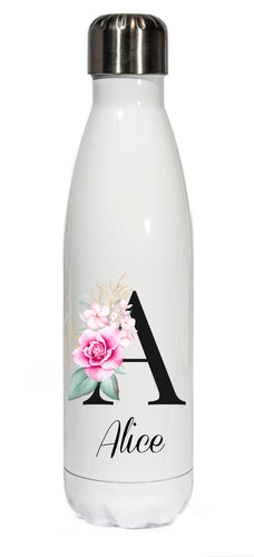 Personalised Stainless Steel 500ml || Bowling Water Bottle ||  Floral Black Initial || Chilly Design