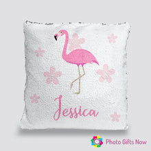 Load image into Gallery viewer, Personalised Sequin Cushion || Magic Reveal || Flamingo Design