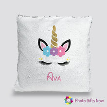 Load image into Gallery viewer, Personalised Sequin Cushion || Magic Reveal || Unicorn Design