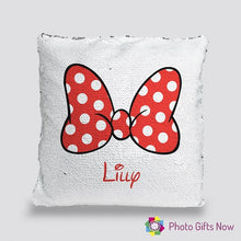 Load image into Gallery viewer, Personalised Sequin Cushion || Magic Reveal || Minnie Bow Design