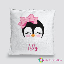 Load image into Gallery viewer, Personalised Sequin Cushion || Magic Reveal || Penguin Design
