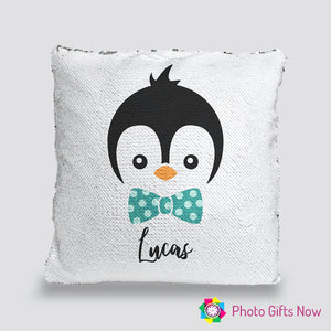 Personalised Sequin Cushion || Magic Reveal || Penguin Design