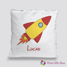 Load image into Gallery viewer, Personalised Sequin Cushion || Magic Reveal || Rocket Design