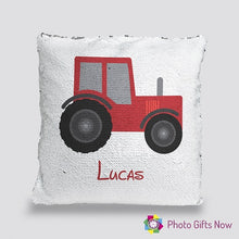 Load image into Gallery viewer, Personalised Sequin Cushion || Magic Reveal || Tractor Design