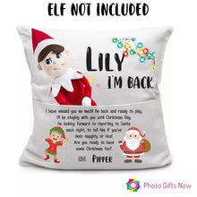 Load image into Gallery viewer, Personalised Christmas Elf Cushion || Return of the Elf || Elf on the Shelf Cushion WITH Insert