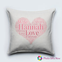 Load image into Gallery viewer, Personalised Luxury Soft Linen Cushion || Heart Word Collage