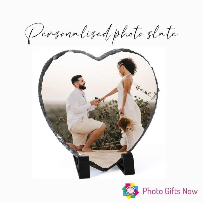 Personalised Heart Photo Printed Rock Slate || Desk Display Plaque Gift with Stand